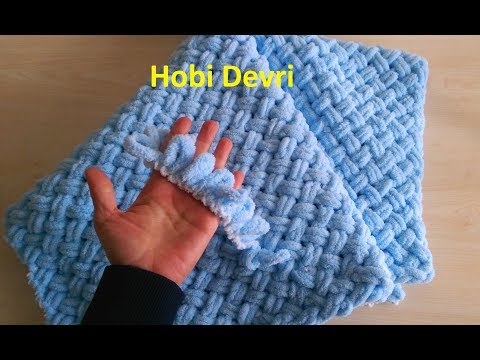 Making Easy Baby Blanket with Finger,Alize Puffy İpi Sepet (Hasır) Örgü Bebek Battaniyesi Yapımı